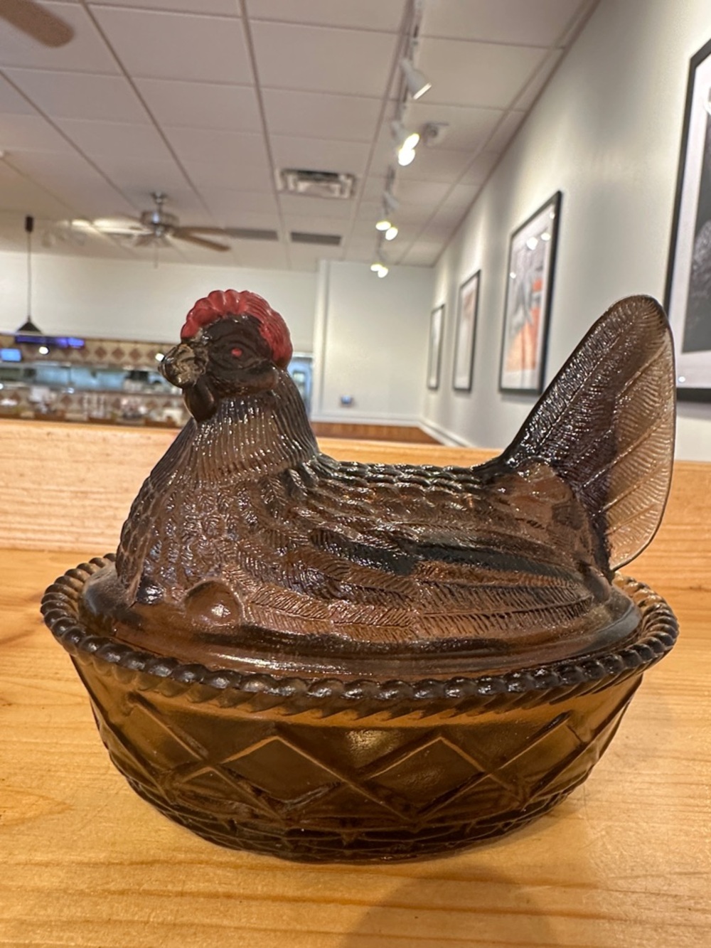 Vintage Pressed Glass Hen on Nest Dish - Brown with Red Comb